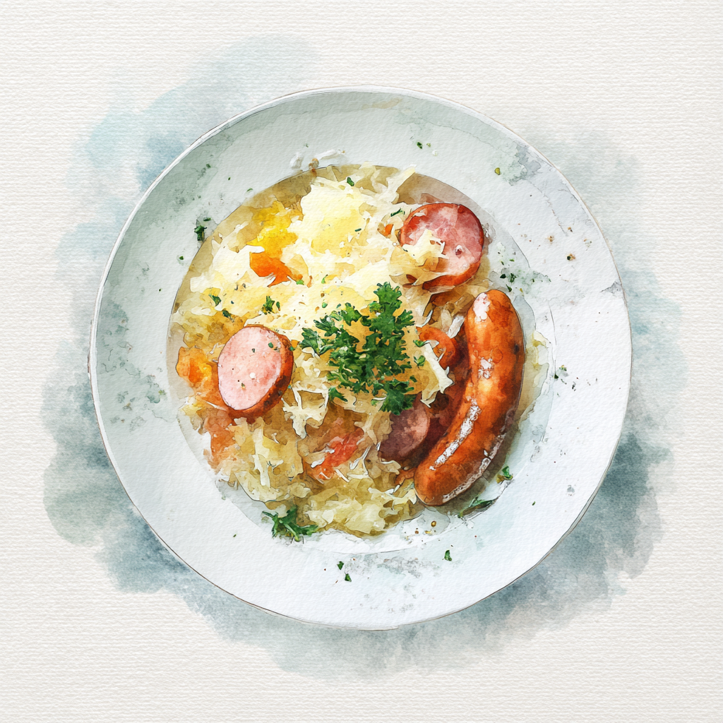 Choucroute garnie (kässler, frankfurter, kielbassa), purée de pommes de terre