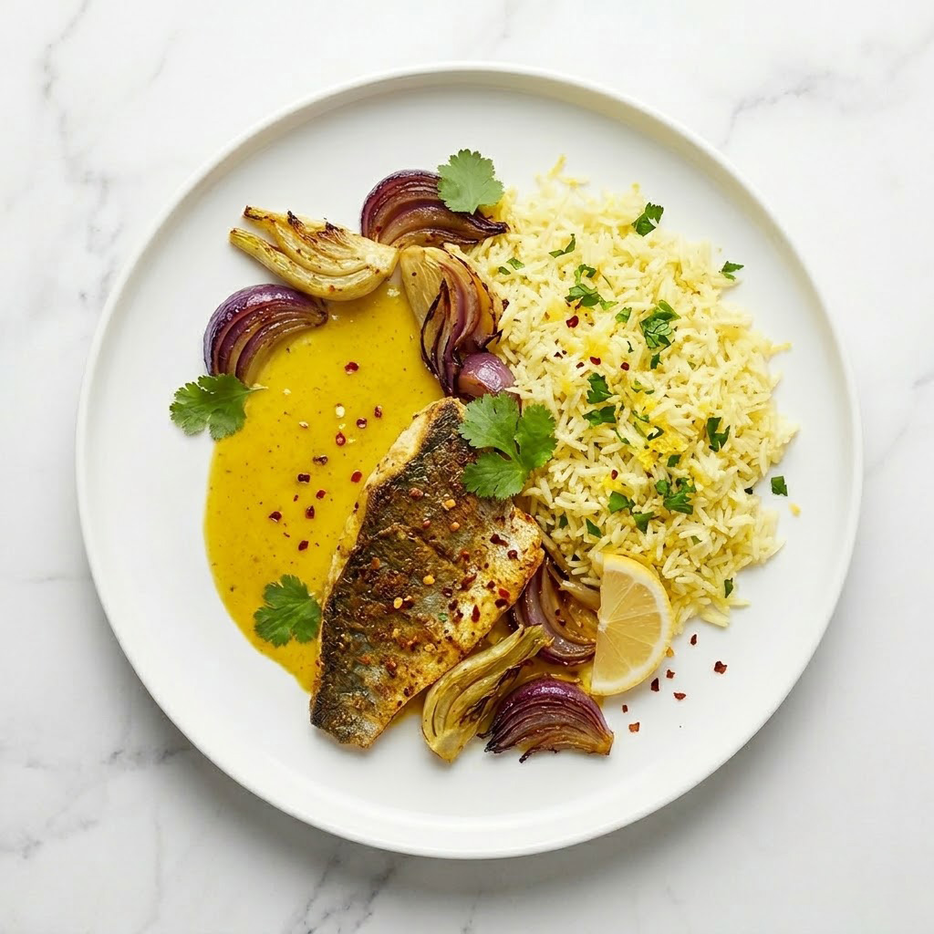  Filet de daurade aux épices, sauce jaune au lait de coco, oignons rouges et fenouil au four, riz au citron