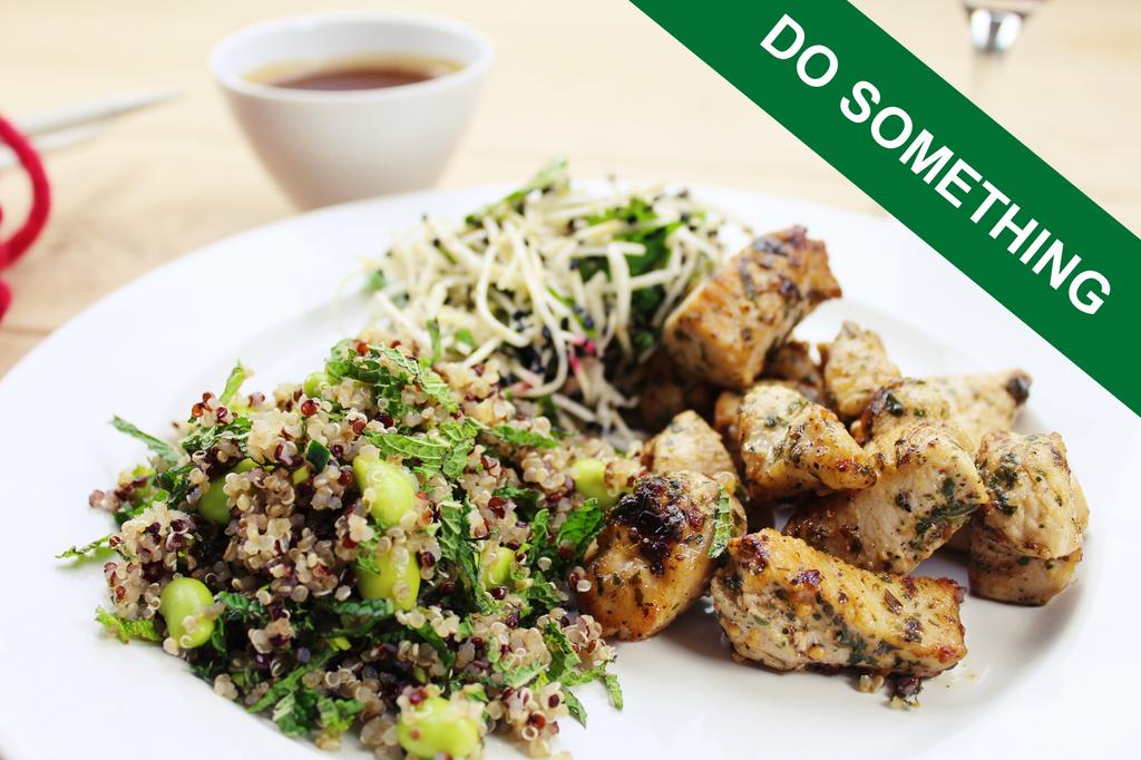 MARINATED CHICKEN CUBES WITH HERBS AND LEMON AND QUINOA WITH EDAMAME