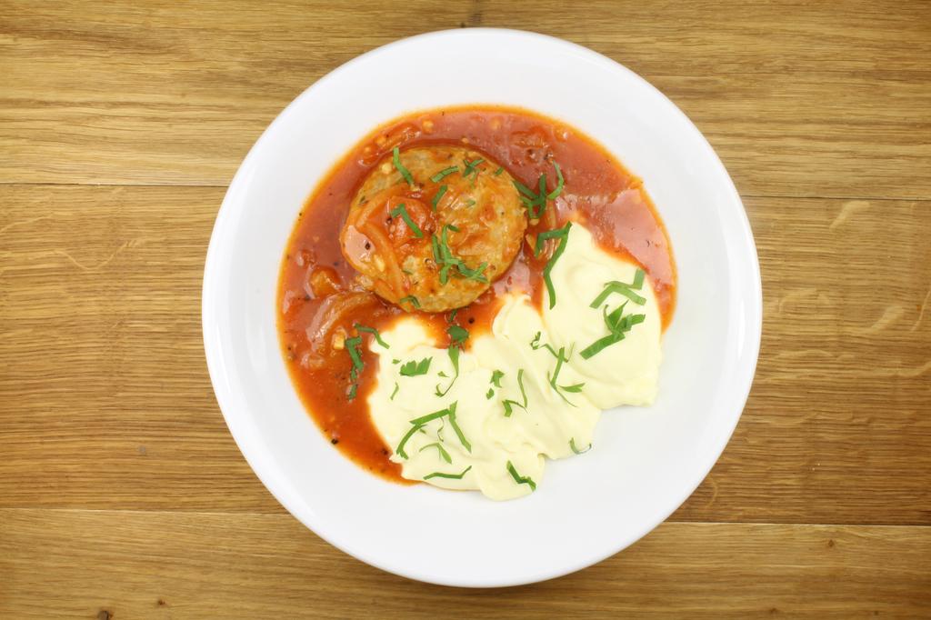 CHICKEN MEATBALL WITH TOMATO SAUCE AND MASHED POTATOES